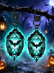 Halloween Gothic Glow-In-The-Dark Bat Keychain - Vintage Black Frame Oval Convex Design, Dark Aesthetic Glow-In-The-Dark Backpack Charm, Mysterious Atmosphere Party Accessory, Suitable For Gothic, Witchcraft And "Dark Academia" Party Looks - Multicolor - View 9