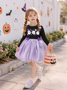 Girls Autumn Fashion Casual Outdoor Cute Halloween Cat Ghost Wizard Hat Star Pattern Bow Long Sleeve Puff Dress - Purple - View 1