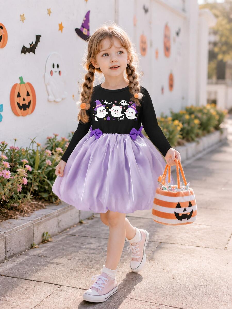 Girls Autumn Fashion Casual Outdoor Cute Halloween Cat Ghost Wizard Hat Star Pattern Bow Long Sleeve Puff Dress - Purple - View 1