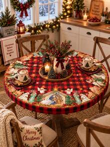 2pcs Red Buffalo Plaid Nativity Elastic Tablecloth Set, Vintage Christmas Stretch Polyester Round & Square Fitted Table Covers With Snug Edge, Wrinkle-Resistant Decor For Holiday Dining, Party, Kitchen & Winter Home - Multicolor - View 2