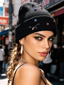 1pc Colorful Rhinestone Brooch Decor Minimalist Fashion Shiny Beanie Hat For Women And Men - Multicolor-b - View 2
