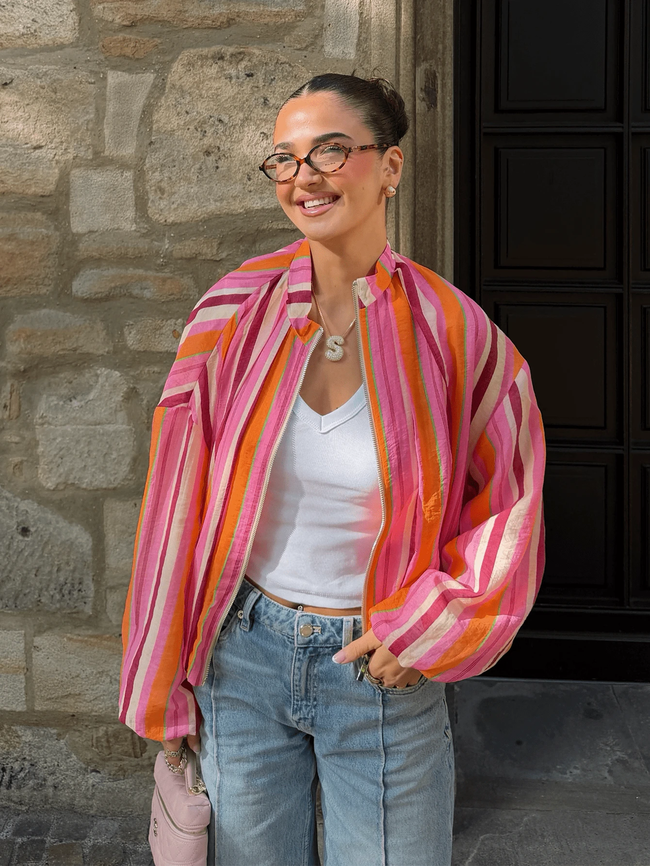 2026 Summer Fall Vacation Women's Colorful Striped Long Sleeve Regular Fit Stand Collar Polyester Coat With Zipper Detail For Spring Outfits - Red - View 1