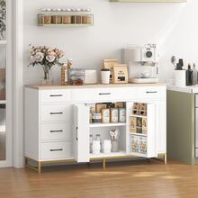 NHHF Credenza con telaio in metallo dorato e kit antiribaltamento, 6 cassetti, mobile a tre ante, 2 ripiani regolabili, per cucina, sala da pranzo, soggiorno, 140x40x80cm, bianco e oro - Bianco - Visualizzare 2