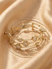 Swarovski Gold-Tone Multi-Row Crystal Chain Bracelet - Layered Round Cut Pave Charm Bracelet With Toggle Clasp, Elegant Luxury Jewelry Gift - Gold - View 8