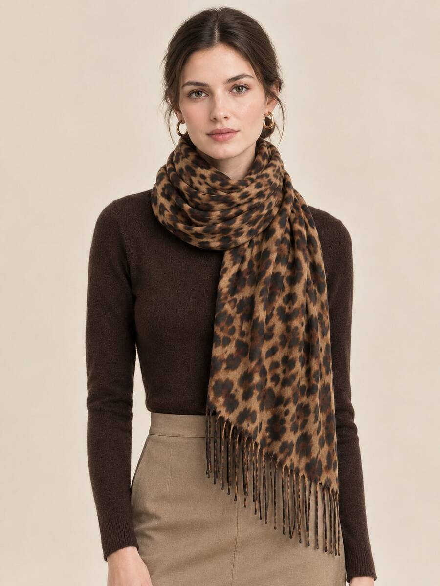 Khăn choàng nữ phong cách vintage họa tiết da báo giả cashmere, tua rua, phụ kiện giữ ấm cho mùa thu đông và Halloween - Nhiều màu - Xem 1