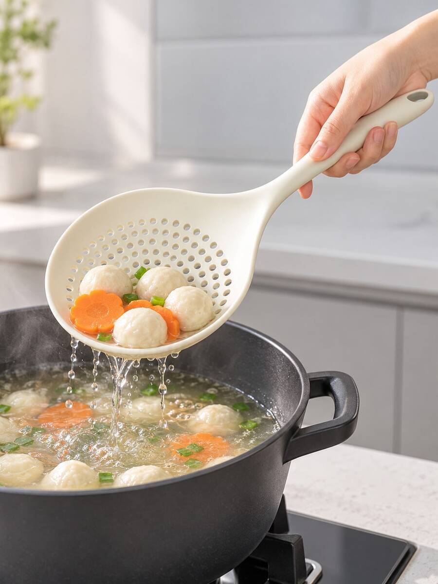 2/1pc White Large Silicone Hollow Soup Spoon, Heat-Resistant Long Handle Strainer, Suitable For Pasta, Dumplings, Noodles, Kitchen Soup Ladle - Multicolor - View 1