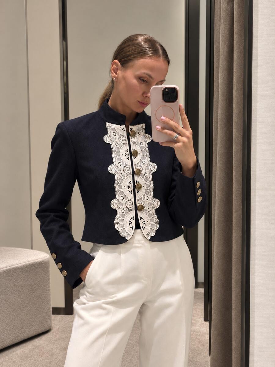 Women's Lace Patchwork Decor Short Jacket - Royal Blue - View 1