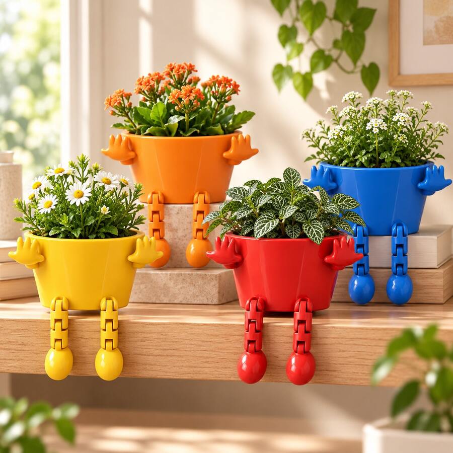 4 Colors Movable Leg Sitting Creative Flower Pot, Desktop Window Sill Home Decor Plant Pot, Without Plant - Creative Sitting Planter With Movable Legs - View 1