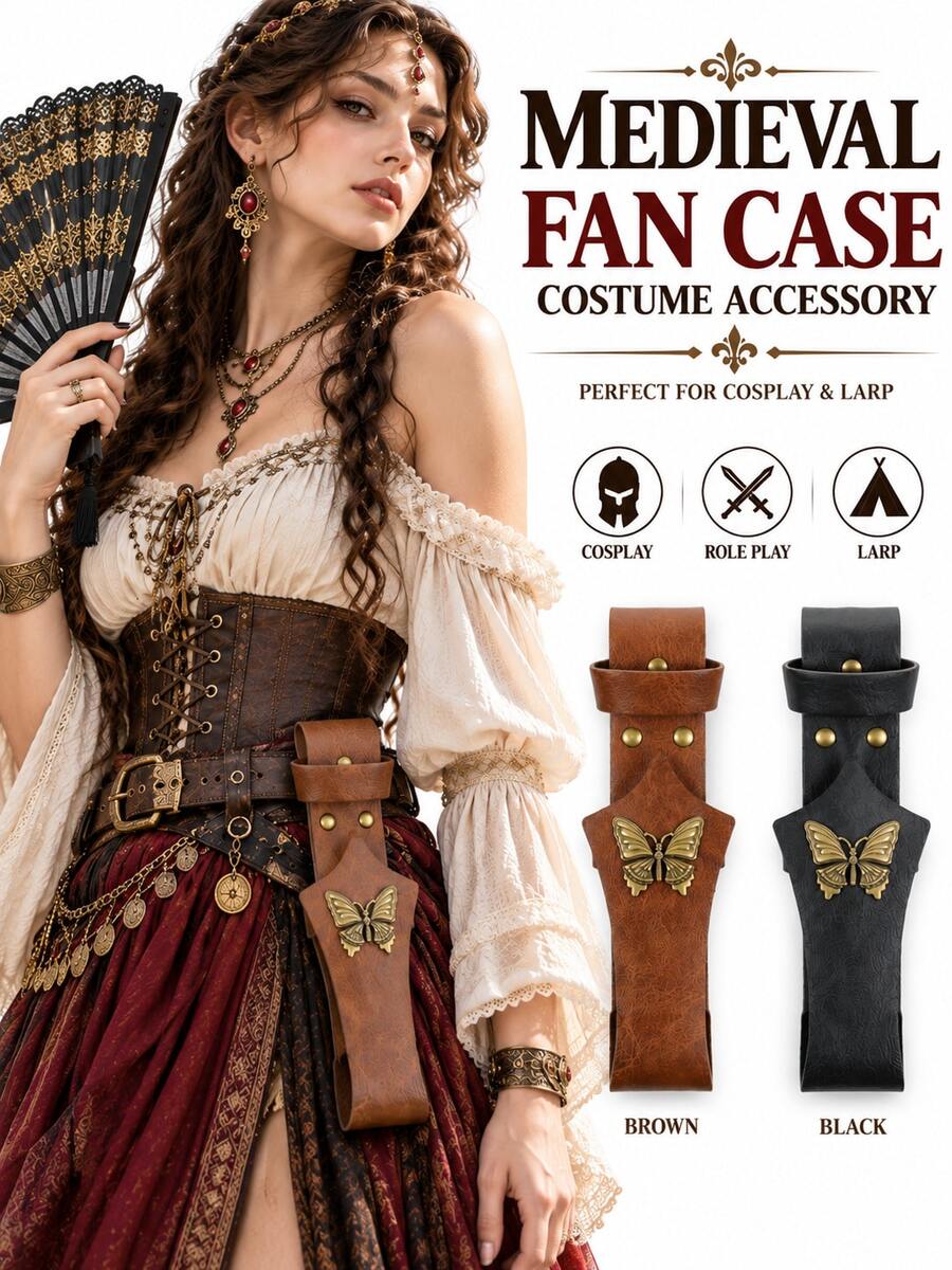 Vintage PU Leather Belt Fan Holder, Medieval Butterfly Decor Fan Storage Case, Halloween LARP Renaissance Costume Prop - A - View 1