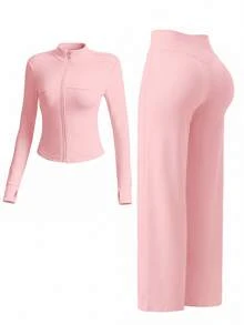 2 Pieces Sportswear Set, Includes Stand Collar Zipper Long Sleeve Top And Wide Leg Pants, Suitable For Spring And Autumn - Pink - View 1