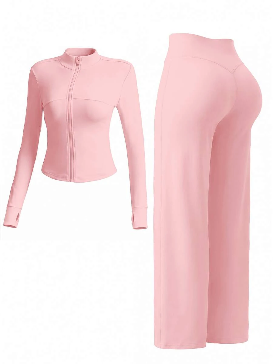 2 Pieces Sportswear Set, Includes Stand Collar Zipper Long Sleeve Top And Wide Leg Pants, Suitable For Spring And Autumn - Pink - View 1
