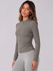 Never me Women's Sports Top With Stand Collar, Two-Way Zipper, Ruched Waist, Ribbed Long Sleeve, Slim Fit Yoga Fitness Jacket - Grey - View 3