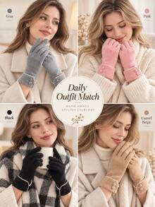 Women's Winter Touchscreen Gloves, Warm Thick Lining Full Finger Gloves With Button Cuffs, Elegant Cold Weather Hand Accessory, Suitable For Driving, Commuting, Office, Shopping And Outdoor Daily Wear, Autumn/Winter Fashion Accessory, Christmas Gift - Multicolor - View 8