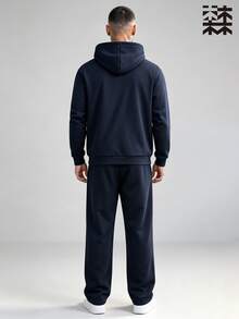 MULINSEN Men 2Pcs Outfit,Button Placket Hooded Sweatshirt & Drawstring Wide Leg Sweatpants Set,Solid Color Casual Street Tracksuit - Royal Blue - View 5