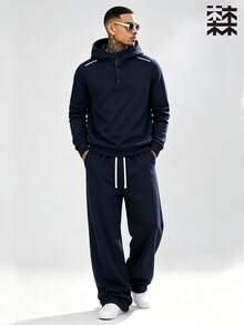MULINSEN Men 2Pcs Outfit,Button Placket Hooded Sweatshirt & Drawstring Wide Leg Sweatpants Set,Solid Color Casual Street Tracksuit - Royal Blue - View 2
