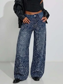 Low Waist Wide Leg Casual Blue Ripped Slanted Pocket Curved Women'S Jeans Rhinestone Embroidery Fully Paved With Diamonds - Blue - View 1