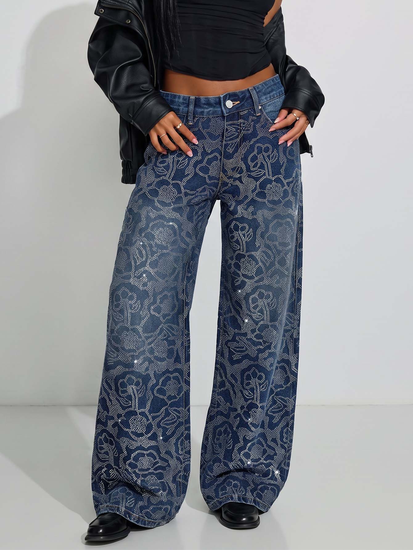 Low Waist Wide Leg Casual Blue Ripped Slanted Pocket Curved Women'S Jeans Rhinestone Embroidery Fully Paved With Diamonds - Blue - View 1