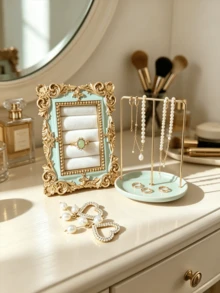 1pc New Gold Carved Mint Green Vintage Resin Scroll Velvet Jewelry Storage Box, Vintage Frame Scroll Ring Tray, Necklace & Earring Display Stand, Home Decor Artwork, Holiday Gift, Jewelry Tower, Earring Rack, Jewelry Organizer, Classic Jewelry Prop - Multicolor - View 9