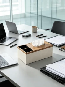 Light Luxury Vertical Striped Cream White Tissue Box, Multifunctional 2-In-1 With Storage Compartment, Desktop Organizer, Suitable For Office, Bedroom, Living Room, Hotel And Home, Minimalist Style - View 10