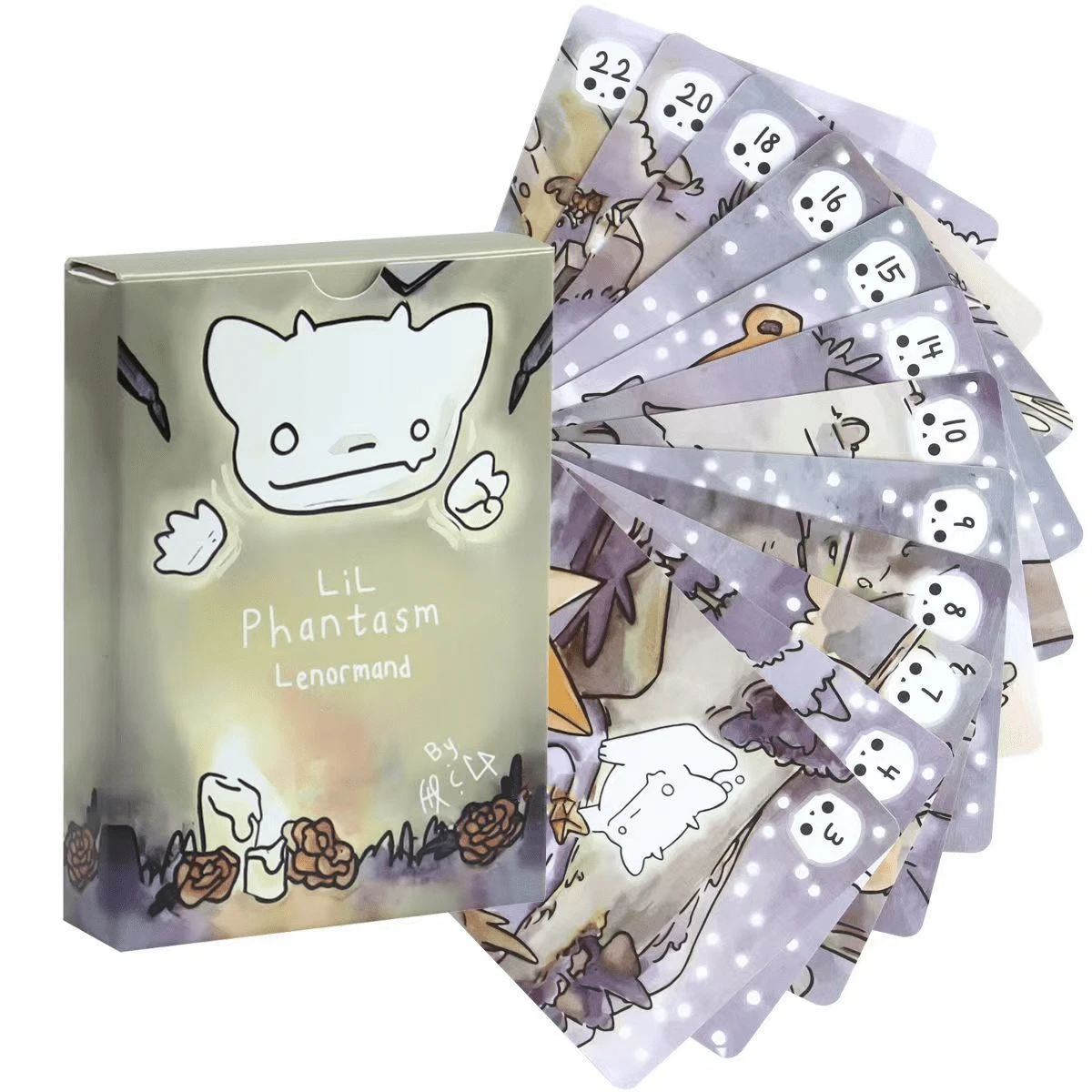 LiL Phantasm Lenormand 36pcs, Dek Oracle Hantu Lucu Bergambar Cat Air untuk Pemula, Kartu Ramalan Bahasa Inggris Portabel & Perlengkapan Pesta