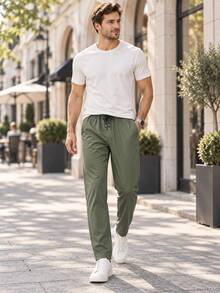 Men's Solid Color Drawstring Sports Long Pants, Outdoor Hiking Golf Daily Wear Pants, Drape Straight Leg Casual Pants, Sports Fitness Pants - Green - View 5