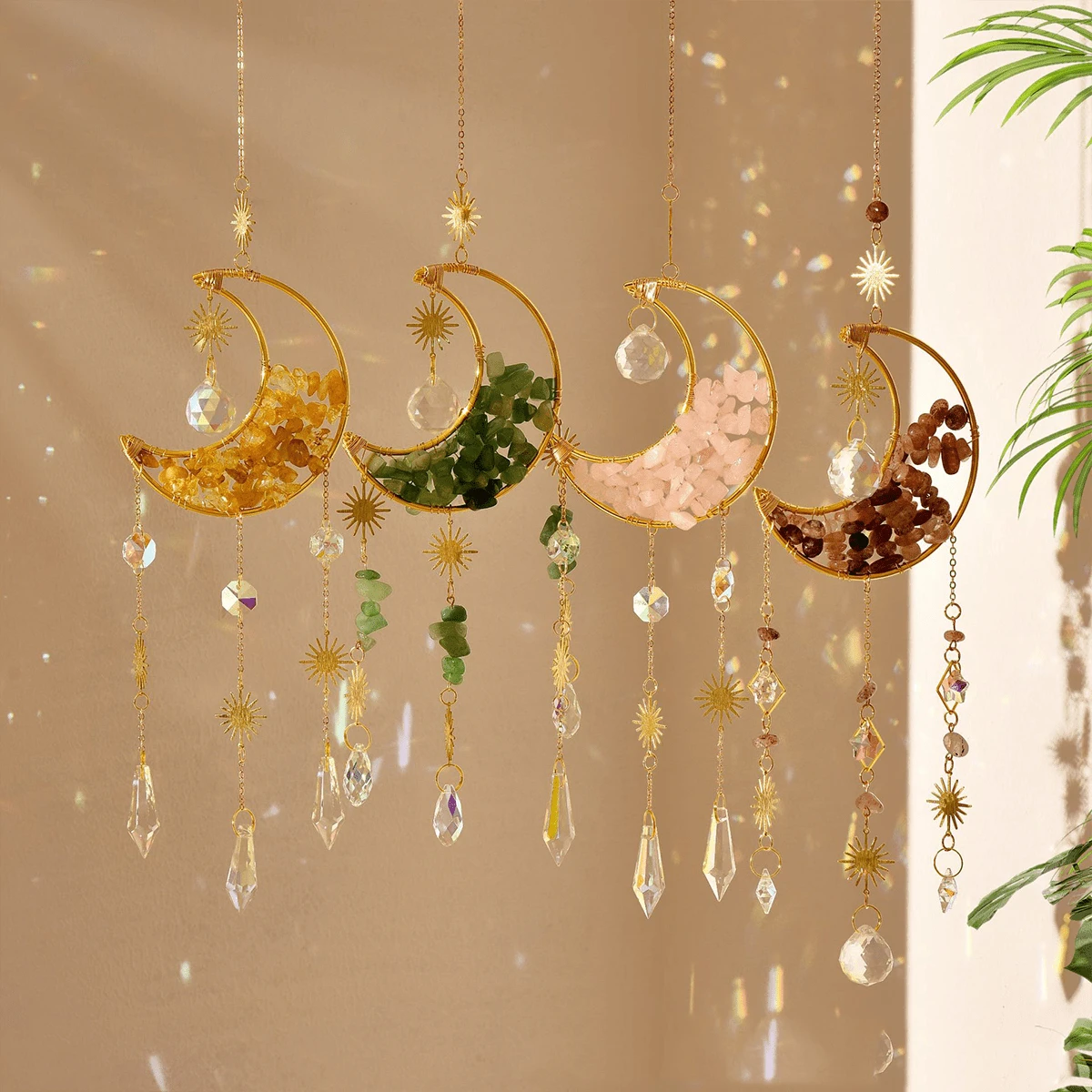 1pc Natural Crushed Stone Crystal Moon Handmade Wrapped DIY Sun Catcher Light & Shadow Wind Chime Crystal Pendant - Hanging Ornament - View 1