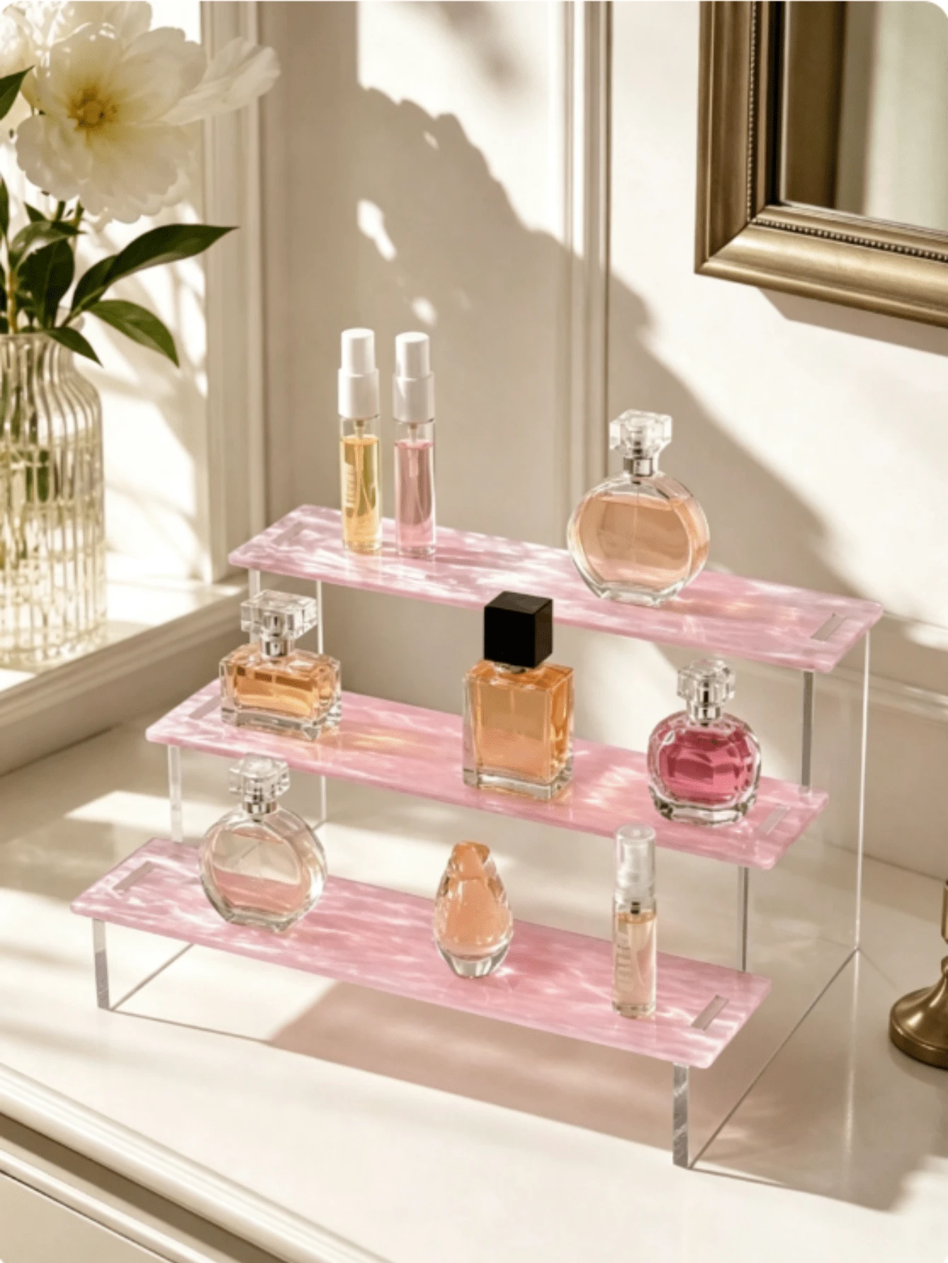 2-Tier Pink Marble Water Ripple Acrylic Display Stand, Tiered Cosmetic Storage Rack For Perfume, Lipstick, Makeup, Figurines, Vanity, Bathroom, Wedding Decor - Multicolor - View 1