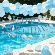 1 Set/2 Sets/3 Sets/5 Sets Blue Bow, Starfish, Shell Happy Birthday Banner Decorations, Suitable For Ocean Beach Theme Birthday Party, Mermaid Summer Holiday Decor - Blue - View 5