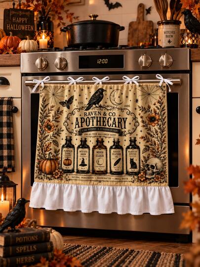 Cortina para puerta de horno de Halloween, falda de horno, cubierta decorativa para puerta delantera de lavavajillas, cubierta de horno con volantes y lazos con estampado vintage de cuervo, botella de poción de boticario, calavera y calabaza, tela de poliéster, reunión familiar, decoración de cocina gótica de estilo granja para el hogar.