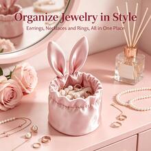 Christmas Gift Satin Ruched Rabbit Ear Jewelry Organizer Storage Box, Decorative Desktop Storage Holder For Earrings, Necklaces, Lipsticks, Makeup Brushes, White & Pink Cute Women's Desktop Organizer - Multicolor - View 8