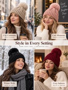 Women's Pom Pom Knit Beanie, Thick Cable Knit Winter Hat With Ribbed Cuff, Solid Color Warm Polyester Hat, Suitable For Daily Commute, Street Style, Travel And Outdoor Looks, Autumn/Winter Fashion Accessory, Christmas And New Year Gift - Multicolor - View 10