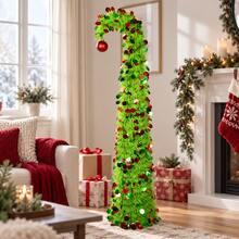 1PC 59.1IN Foldable Curved Top Christmas Tree, Green Slim Pop Up Tree With Red & Green Sequin Decorations And Hanging Ornament, Easy Setup Holiday Tree For Living Room, Office, Party & Winter Home Decor - Multicolor - View 5