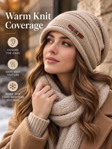 Autumn/Winter Loose Knit Wool Hat (With Decorative Leather Buckle), Fashionable Women's Loose Hat, Soft And Warm, Elastic (Suitable For Head Circumference 55–58cm), Suitable For Daily Commute, Travel, Skiing And Outdoor Activities - Multicolor - View 4