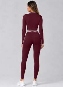 Never me Women's Half Zip Collar Sweatshirt & Loose Straight Leg Pants Casual Two Pieces Set - Rusty Rose - View 2