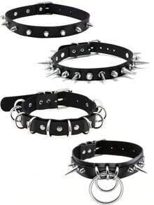 1pc Punk PU Leather Choker, Spiked & O-Ring Collar, Adjustable Buckle, Gothic Subculture Accessory For Party & Halloween Cosplay - Black - View 1