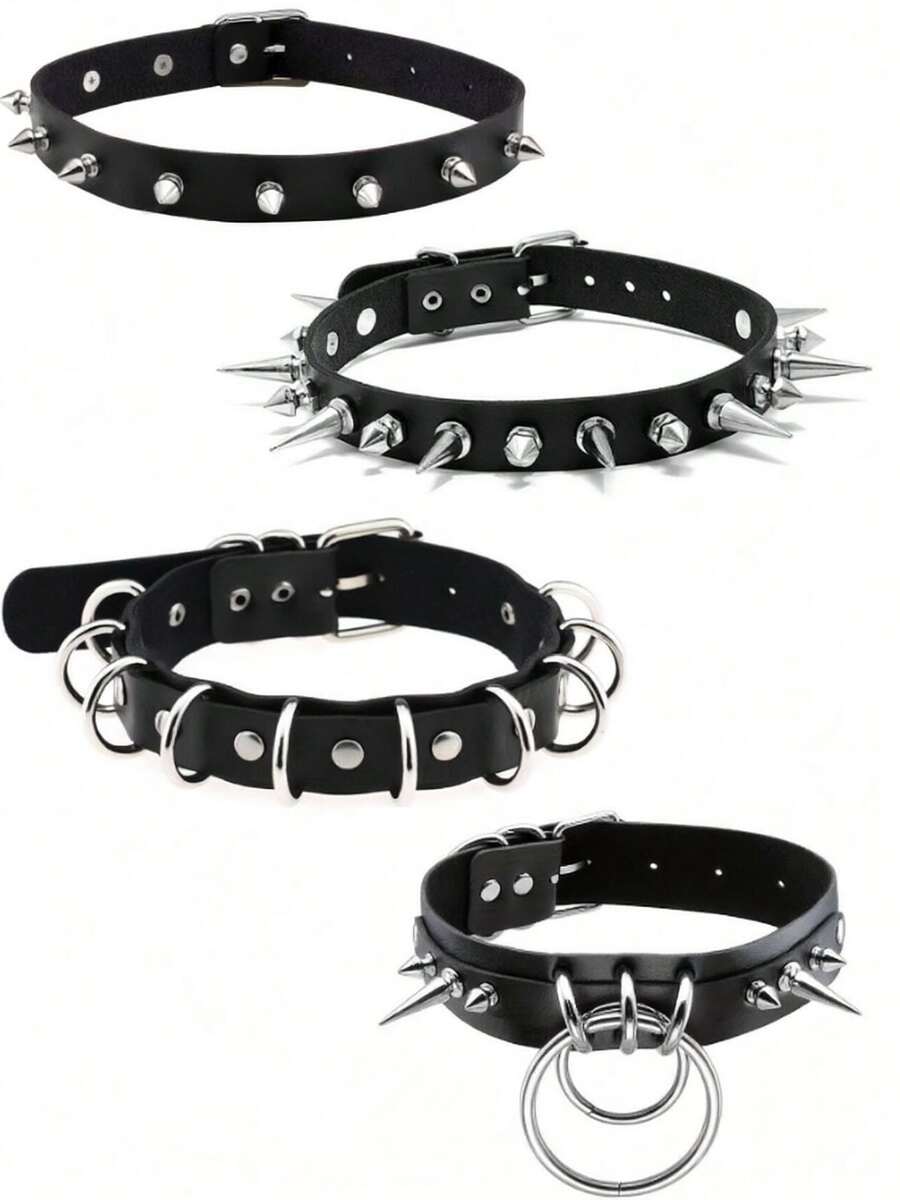 1pc Punk PU Leather Choker, Spiked & O-Ring Collar, Adjustable Buckle, Gothic Subculture Accessory For Party & Halloween Cosplay - Black - View 1