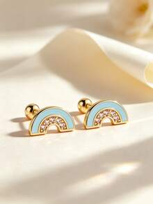 Artepollo Dainty Enamel Pink CZ Stud Earrings, S925 Sterling Silver 14K Gold Plated, Rainbow Crown Bow Candy Flower Windmill Ear Jewelry, Gift Box - Gold - View 11