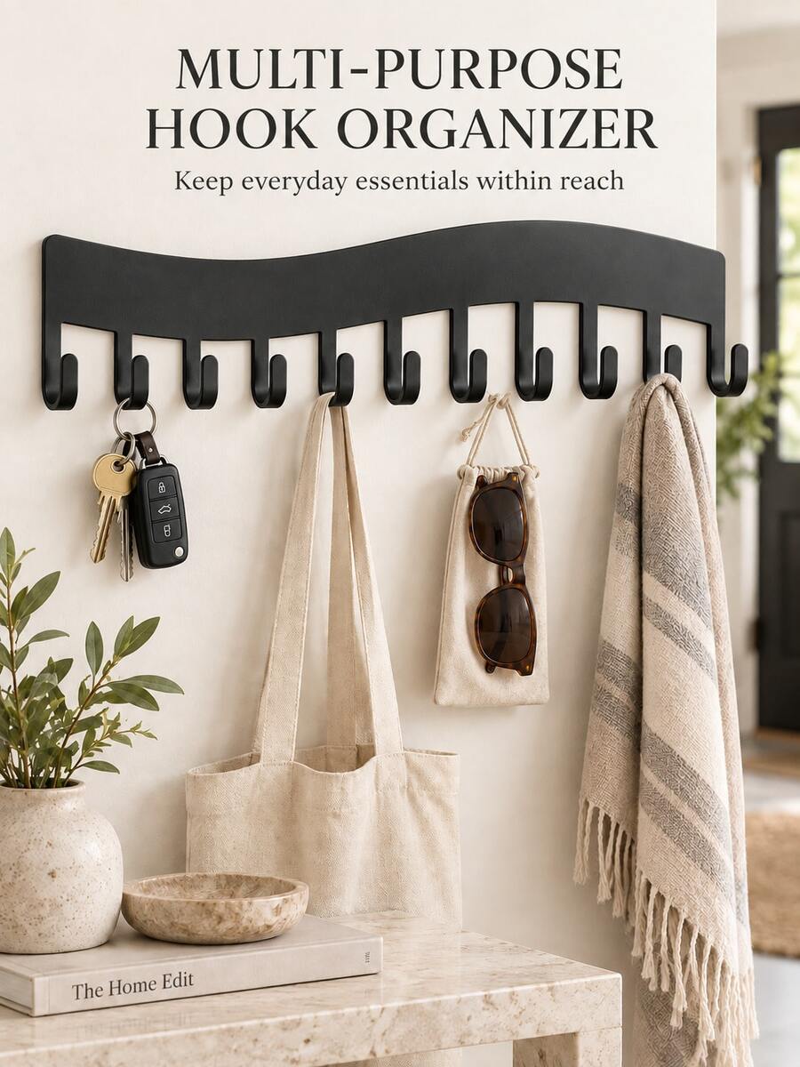 Black Wall Mounted Hook Rack Multi Hook Key Holder Coat Towel Bag Hanger Perfect Home Essential Space Saving Entryway Bathroom Bedroom Closet Dorm Back To School - Multicolor - View 1