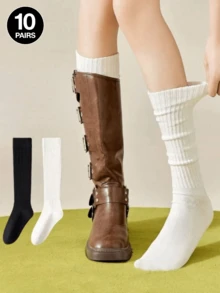 Women's Autumn/Winter Sweet Cool Girl Style Slouchy Socks Over-The-Knee Socks Solid Color Black And White Basic Style Perfect 1/2/3/5/10 Pairs - Multicolor - View 17