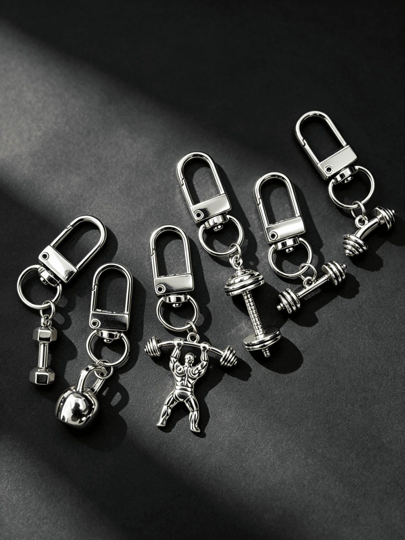 6Pcs Fitness Gym Keychain Set, Alloy Weightlifting Man Kettlebell Dumbbell Barbell Charm Key Ring, Sports Workout Bag Pendant Gift For Fitness Lovers - Multicolor - View 1