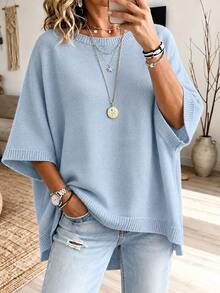 Women's Spring/Autumn Elegant Casual Cute Sexy Middle Eastern Style Solid Color Round Neck Bohemian Loose Soft Warm Knit Poncho Cape Pullover Sweater Top With Asymmetrical Hem And Side Slit - Baby Blue - View 10