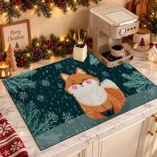 1pc Christmas Snowy Fox Pattern Diatomaceous Earth Absorbent Mat, Kitchen Countertop Drying Mat, Coffee Machine Mat, Pour-Over Coffee Pot Mat, Dish Drainer Mat, Non-Slip Heat-Resistant Kitchen Mat, Table Mat, Breakfast Mat, Washing Machine Mat, Home Kitchen Dining Table Coffee Shop Bar Decor Mat, Holiday Party Housewarming Gift - Multicolor - View 5