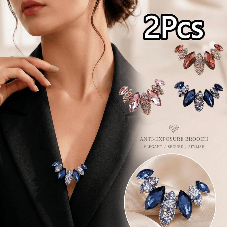 2Pcs Women's Shiny Leaf-Shaped Brooch, Exquisite Colorful Rhinestone Geometric Feather Design Fashion Accessory