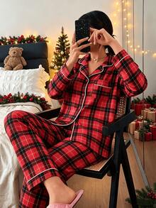 2pcs/Set Women's Christmas Red Plaid Pajama Set, Lapel Button Long Sleeve Top And Straight Leg Pants, Holiday Home Casual Wear - Red - View 6