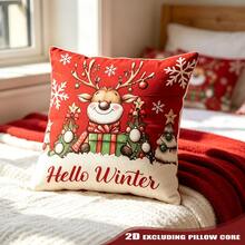 1PC Reindeer Pillow Cover Cute Reindeer With Ornament Antlers Hello Winter Print Cushion Case For Christmas Sofa Decor - Multicolor - View 6