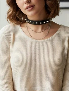 1pc Women's Punk Studded Collar With Double Layer Chain Decoration, Suitable For Halloween And Daily Commute - Black - View 3