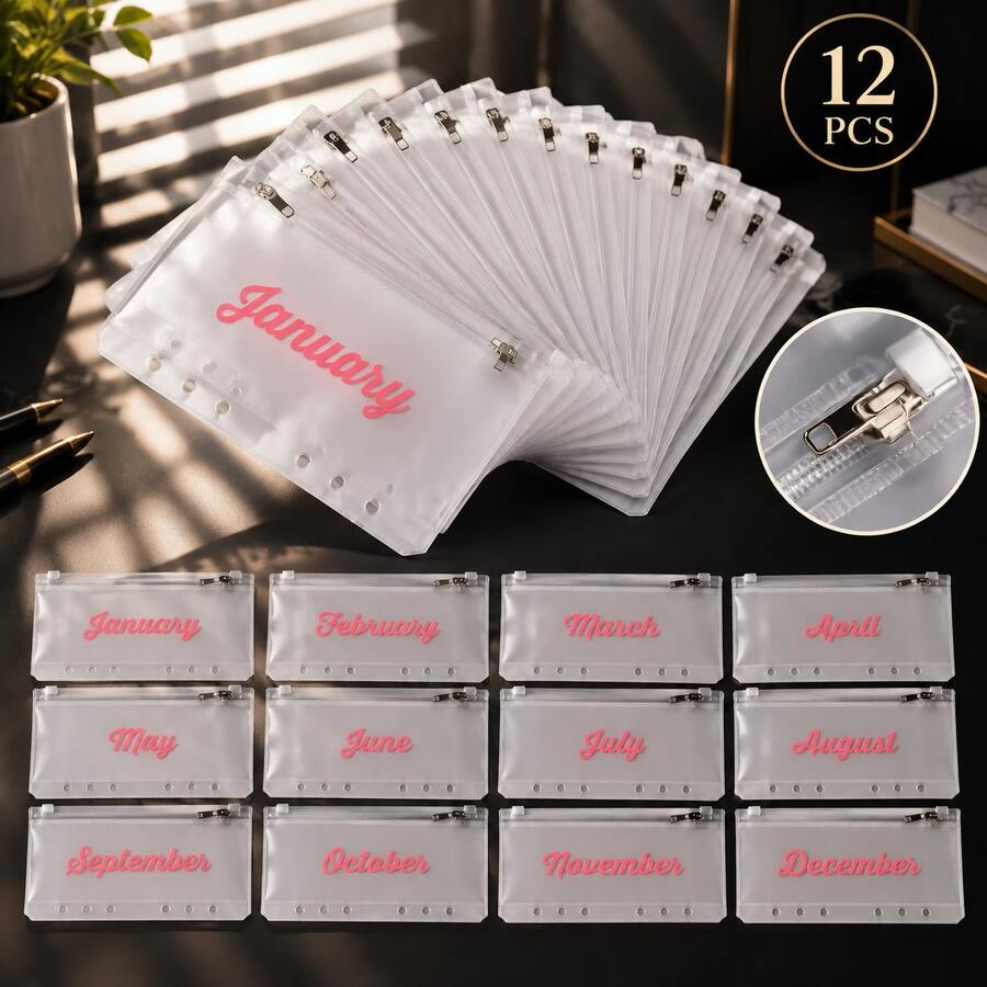 12 Monthly Binder Budget Bags, Metal Zipper 12pcs Storage Organizer, 6 Holes Loose Leaf Saving Money Planning Sleeves, DIY A6 Collect Book - Multicolor - View 1