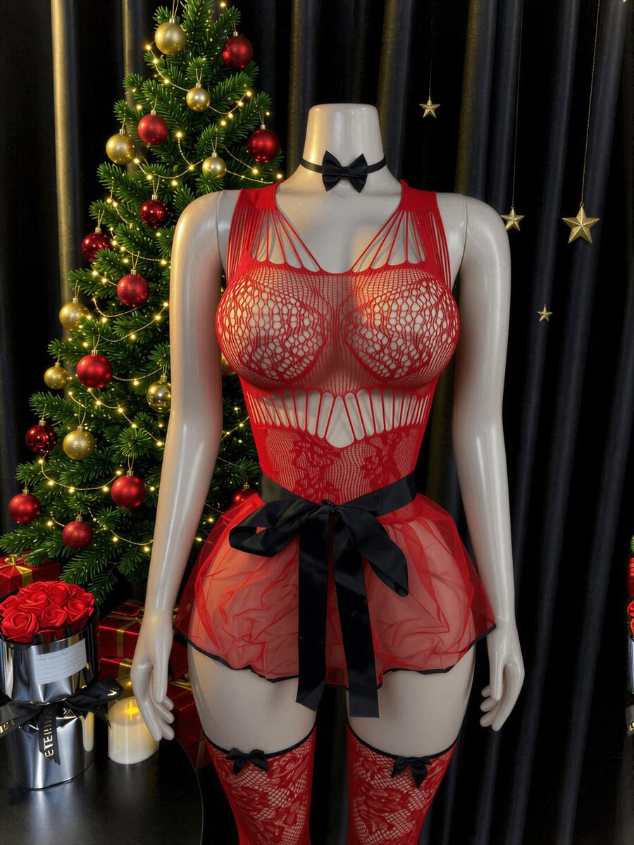 Christmas Women's Santa Cosplay Lingerie Set Red Fishnet Cutout Bodysuit With Tulle Skirt Black Bow & Stockings - Red - View 1