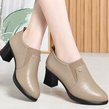 New Women's Slip-On Loafers Mom Shoes Deep Cut Wedge Heel Round Toe Chunky Heel Commuter Shoes - Khaki - View 1