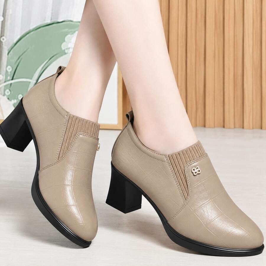 New Women's Slip-On Loafers Mom Shoes Deep Cut Wedge Heel Round Toe Chunky Heel Commuter Shoes - Khaki - View 1